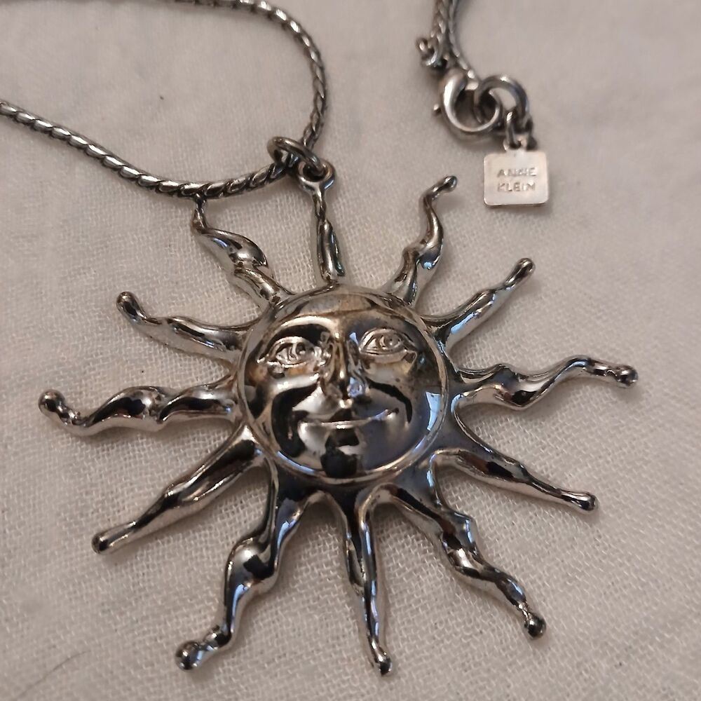 Vintage Anne Klein Sun Face Pendant Necklace Silver Tone Celestial Face 1980s